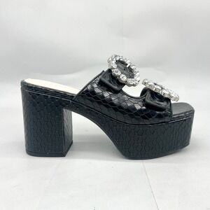 Schutz Womens 6.5 Crystal Buckle Platform Mules Maryel Black Snake Print Heels